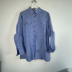 Lands' End Womens Blue Striped Linen Long Sleeve Shirt MP Roll-Tab Sleeve NWOT